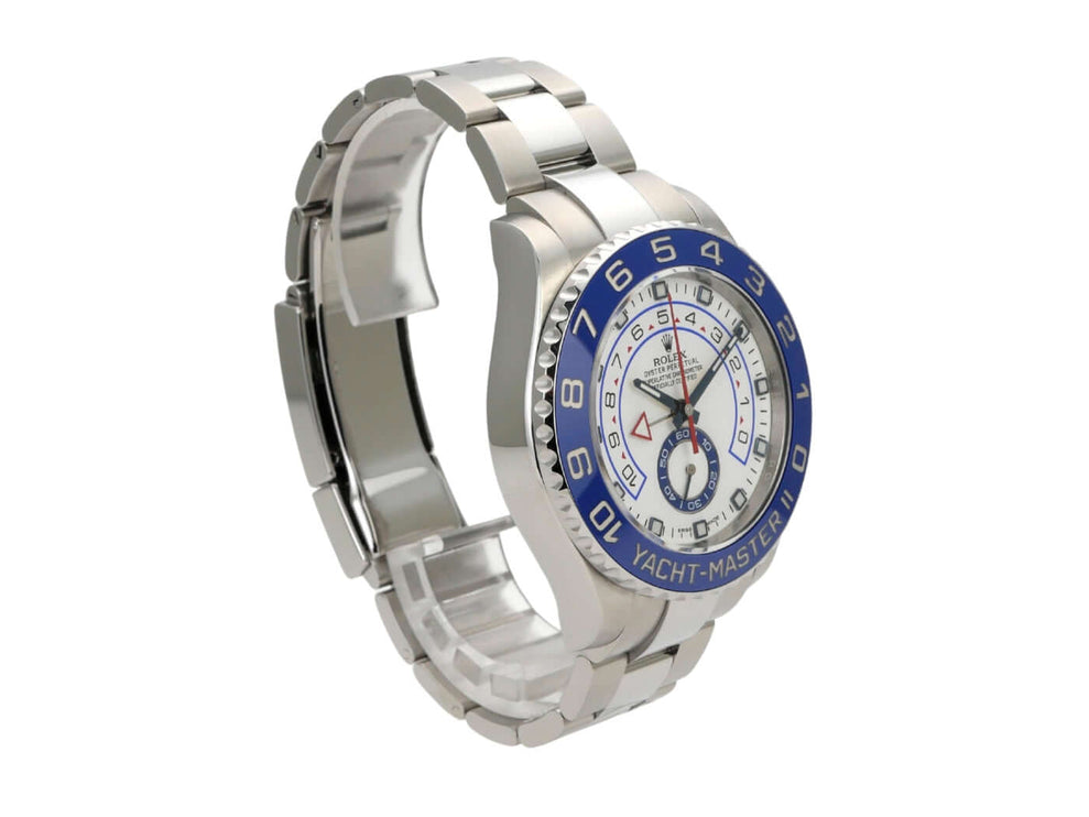 Rolex Yacht-Master II 116680 Edelstahl mit poliertem und satiniertem Edelstahlarmband und blauer Keramikuhr.