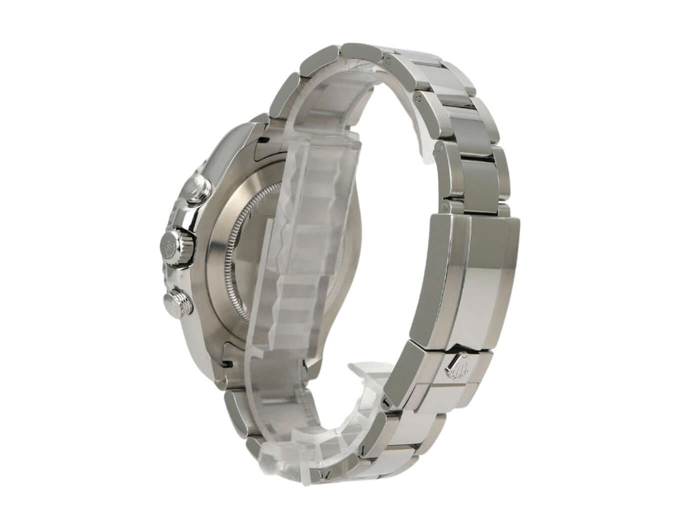 Seitenansicht der Rolex Yacht-Master II 116680 Edelstahl mit Oyster Armband und poliertem Gehäuse.