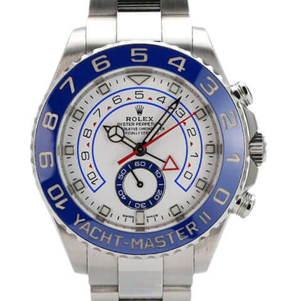 Rolex Yacht-Master II 116680 Edelstahl mit blauer Lünette und weißem Zifferblatt, Automatikwerk, 44 mm Durchmesser.