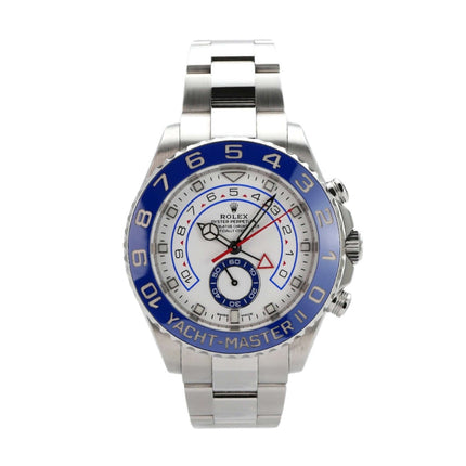 Rolex Yacht-Master II 116680 mit Edelstahlband, 44 mm Gehäuse, blauer Keramiklünette und weißem Zifferblatt.