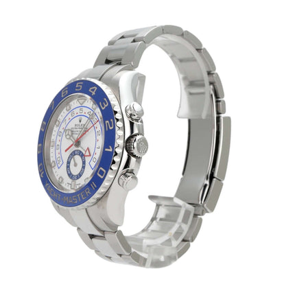 Rolex Yacht-Master II 116680 Edelstahl Uhr mit blauer Lünette und weißem Zifferblatt, Automatikwerk und Oyster Band.