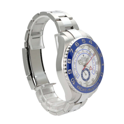 Rolex Yacht-Master II 116680 Edelstahl mit blauer Lünette und weißem Zifferblatt, poliertes Oyster Edelstahlband.