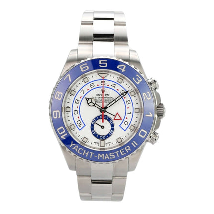 Rolex Yacht-Master II 116680 Edelstahl, 44 mm, blaue Keramiklünette, weißes Zifferblatt mit Leuchtindizes.