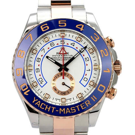Rolex Yacht-Master II 116681 Edelstahl Everose-Gold mit blauer Keramik-Lünette und weißem Zifferblatt.