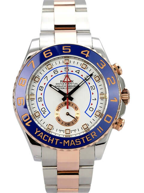 Rolex Yacht-Master II 116681 Edelstahl Everose-Gold mit blauer Keramik-Lünette und weißem Zifferblatt.