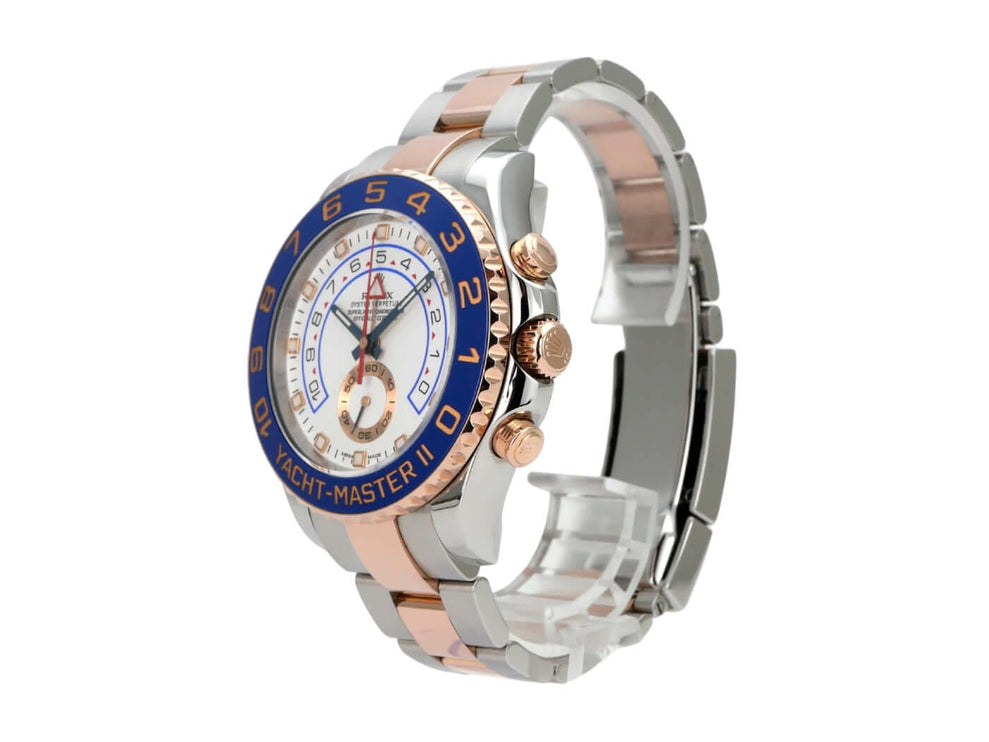 Rolex Yacht-Master II 116681 Edelstahl Everose-Gold Uhr mit blauem Ziffernblatt und Edelstahl-Armband.
