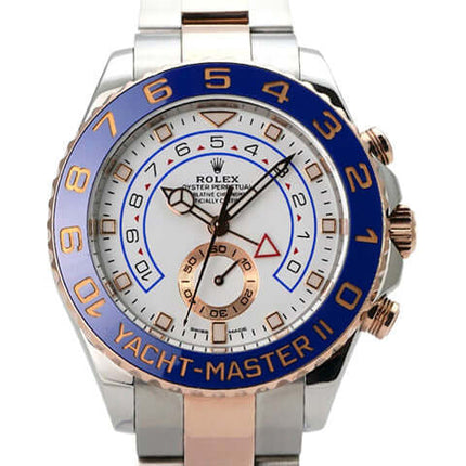 Rolex Yacht-Master II 116681 Edelstahl Everose-Gold mit blauem Zifferblatt und poliertem Armband.