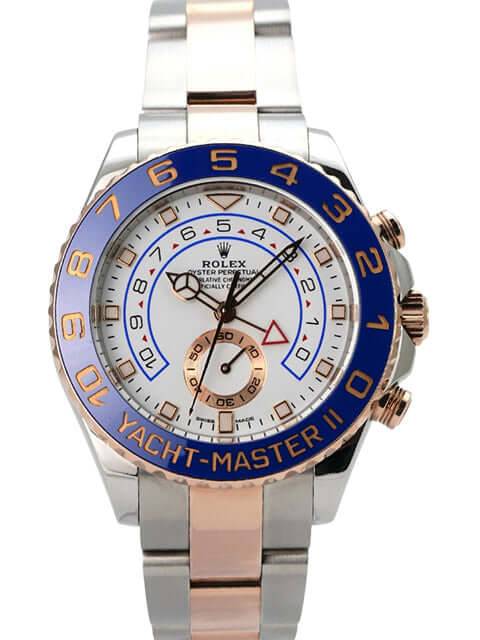 Rolex Yacht-Master II 116681 Edelstahl Everose-Gold mit blauem Zifferblatt und poliertem Armband.