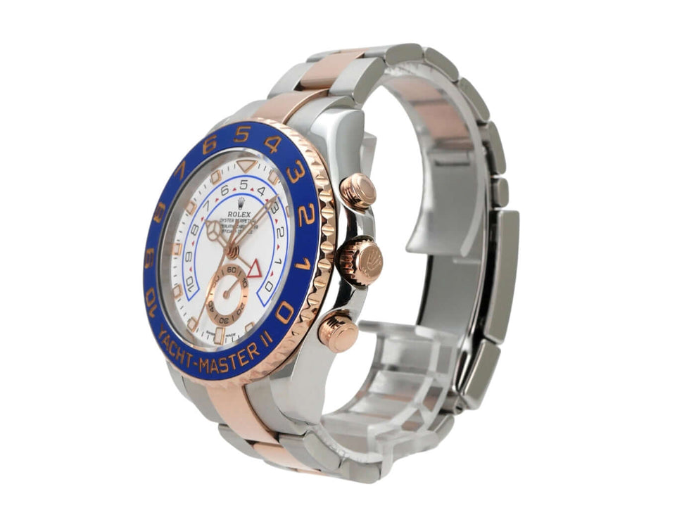 Rolex Yacht-Master II 116681 Edelstahl Everose-Gold mit blauem Zifferblatt und poliertem Edelstahl-Gehäuse.