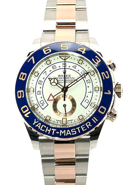 Rolex Yacht-Master II 116681 Edelstahl Everose-Gold Uhr mit blauem Keramik-Lünettenring und weißem Zifferblatt, Edelstahl und Everose-Gold Armband