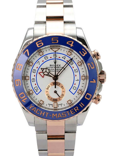 Rolex Yacht-Master II 116681 Edelstahl Everose-Gold mit blauem Zifferblatt und glänzender Lünette aus Everose-Gold.