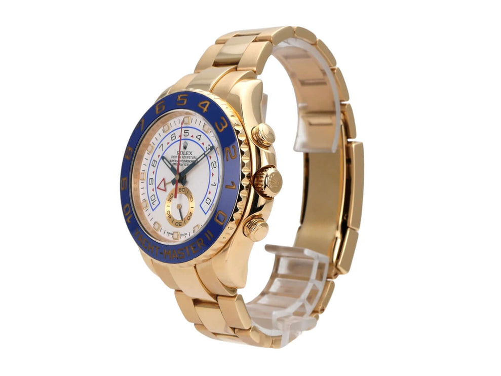 Rolex Yacht-Master II Gelbgold 116688 mit 18 kt Gelbgold, blauer Keramikeinlage und weißem Zifferblatt.