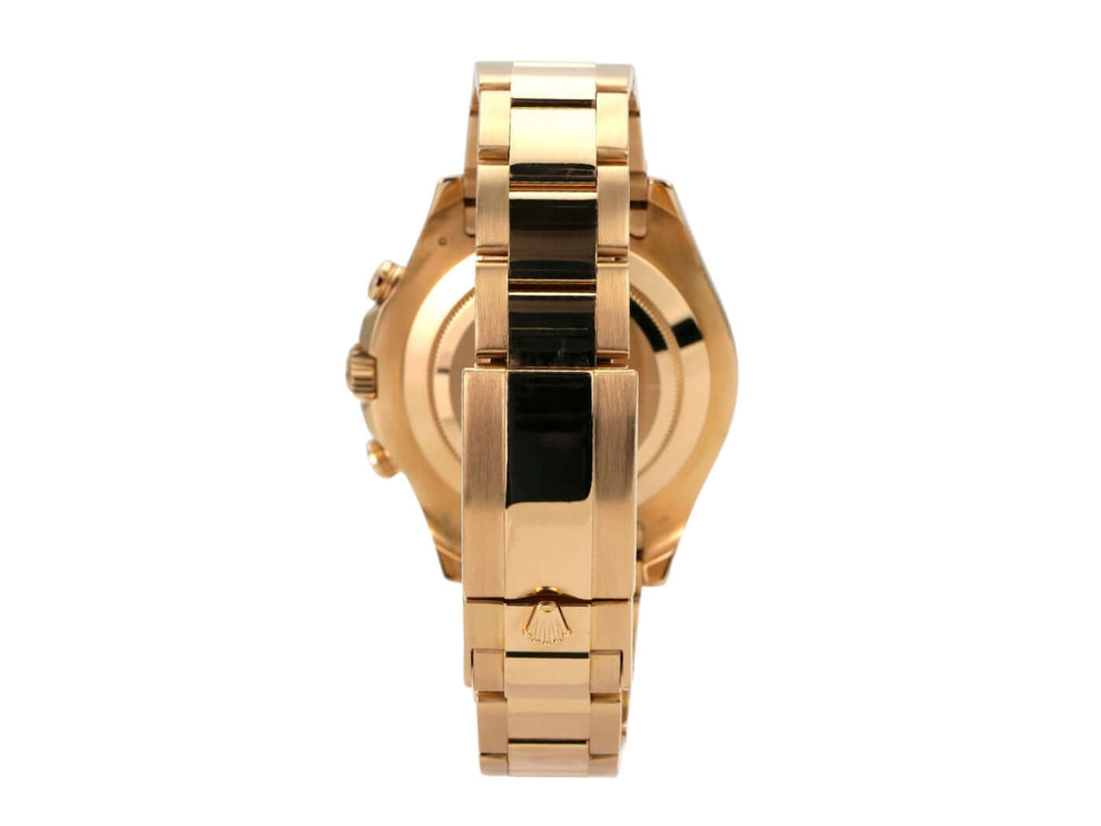 Seitenansicht der Rolex Yacht-Master II Gelbgold 116688 mit poliertem 18 kt Gelbgold Armband.