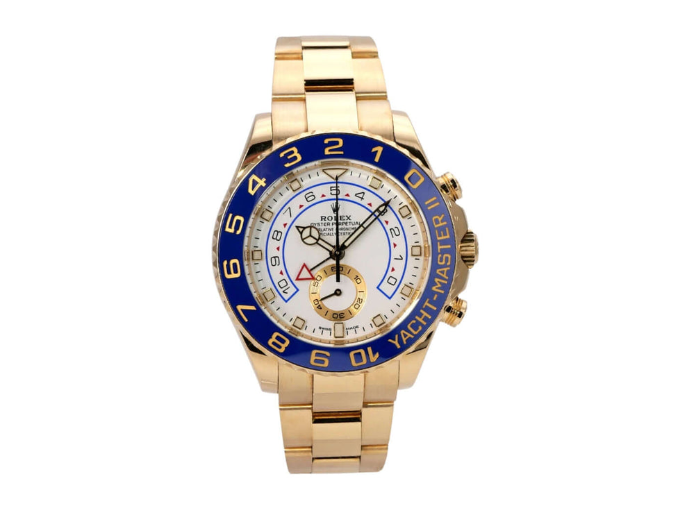 Rolex Yacht-Master II Gelbgold 116688 mit 44 mm Gehäusedurchmesser und blauer Keramikeinlage.