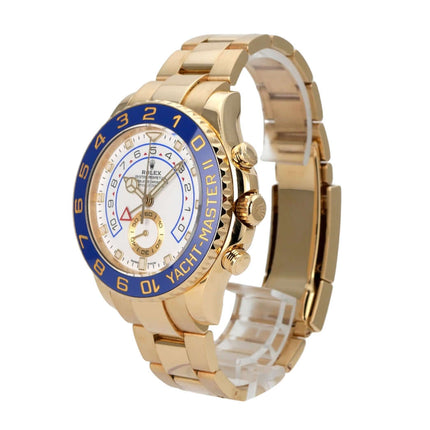 Rolex Yacht-Master II Gelbgold 116688 seitliche Ansicht mit blauem Zifferblatt und 18 kt Gelbgold Gehäuse.
