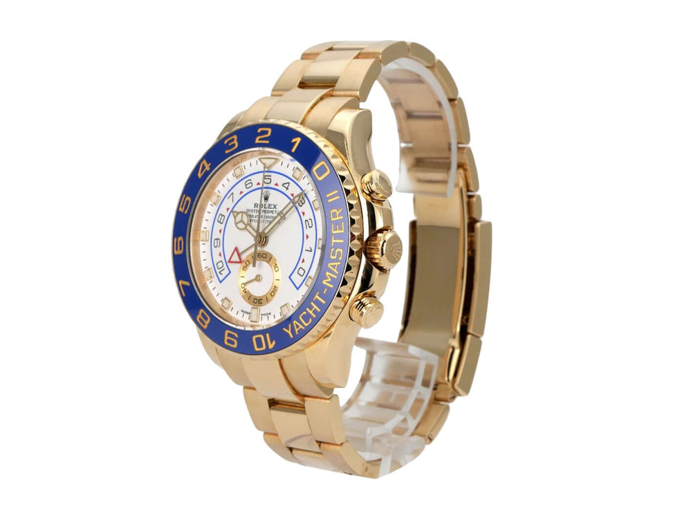 Rolex Yacht-Master II Gelbgold 116688 seitliche Ansicht mit blauem Zifferblatt und 18 kt Gelbgold Gehäuse.
