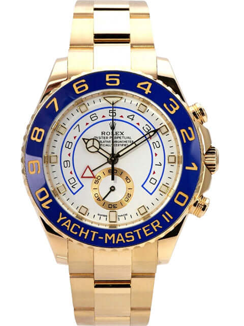 Rolex Yacht-Master II Gelbgold 116688 aus 2021, 18 kt Gelbgold, blau-weiße Lünette, weißes Zifferblatt, Oyster-Armband
