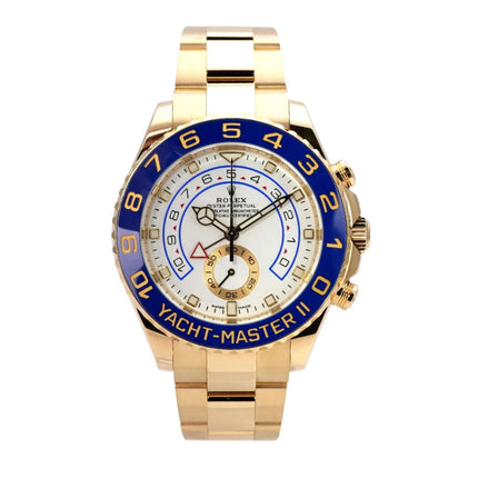 Rolex Yacht-Master II Gelbgold 116688 mit blauem Keramikring, weißem Zifferblatt und Goldarmband