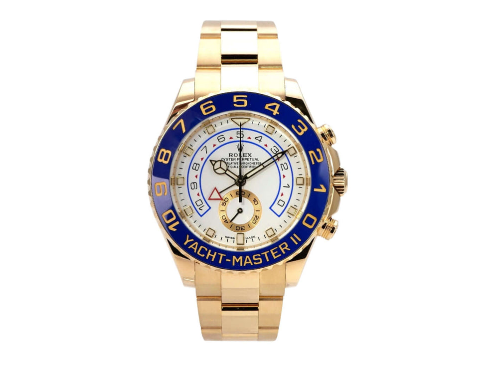 Rolex Yacht-Master II Gelbgold 116688 mit blauem Keramikring, weißem Zifferblatt und Goldarmband