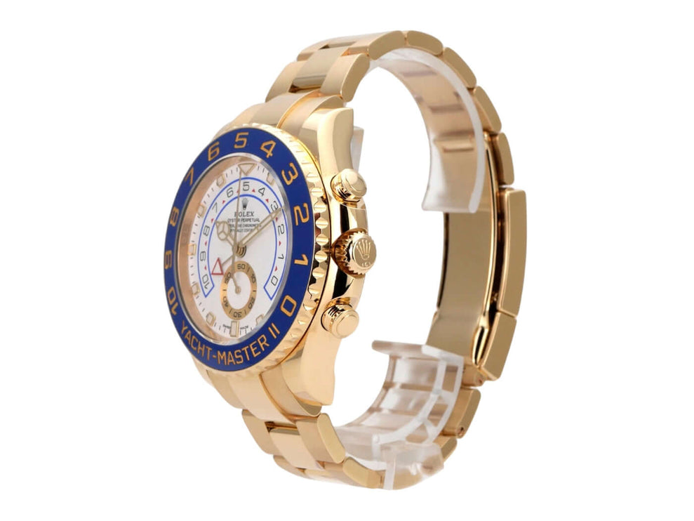 Rolex Yacht-Master II Gelbgold 116688 mit weißem Zifferblatt, blauer Keramiklünette und Oyster-Armband