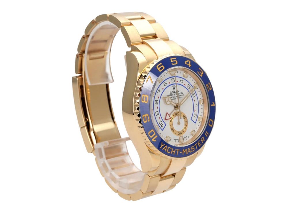 Rolex Yacht-Master II Gelbgold 116688 aus 2021 mit blau-weißer Lünette und Oyster-Armband