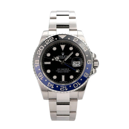 Rolex GMT-Master II Edelstahl 116710BLNR mit schwarzem Zifferblatt und blauer, schwarzer Lünette.