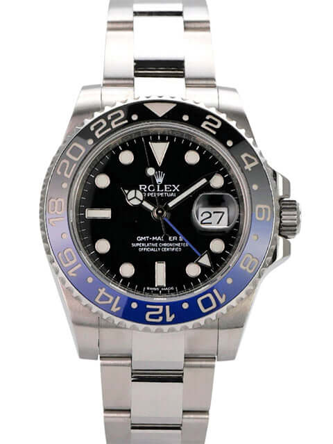 Rolex GMT-Master II Edelstahl 116710BLNR mit schwarzem Zifferblatt und blauer Lünette aus Keramik.