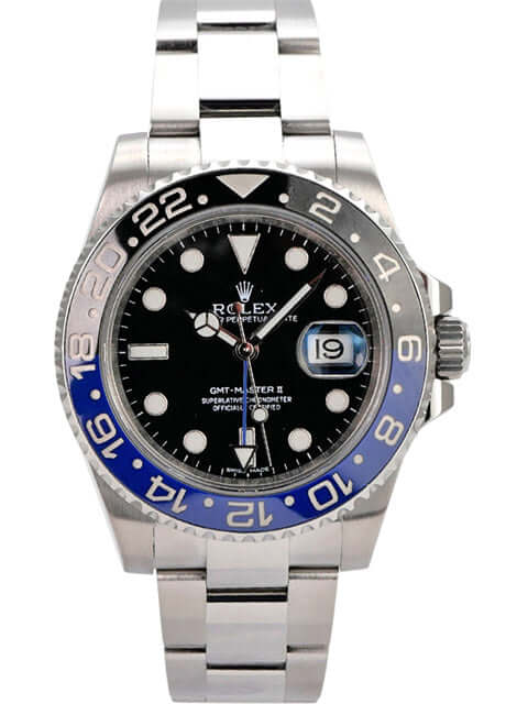 Rolex GMT-Master II Edelstahl 116710BLNR mit schwarzem Zifferblatt und blau/schwarzer Keramikeinlage.