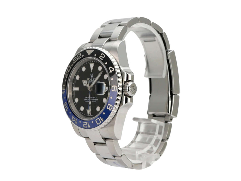 Rolex GMT-Master II Edelstahl 116710BLNR Uhr mit schwarzem Zifferblatt und blau/schwarzer Keramik Lünette