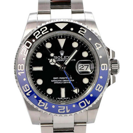 Rolex GMT Master II Edelstahl 116710BLNR, schwarze Zifferblattansicht mit blau-schwarzer Keramiklünette und Oysterband