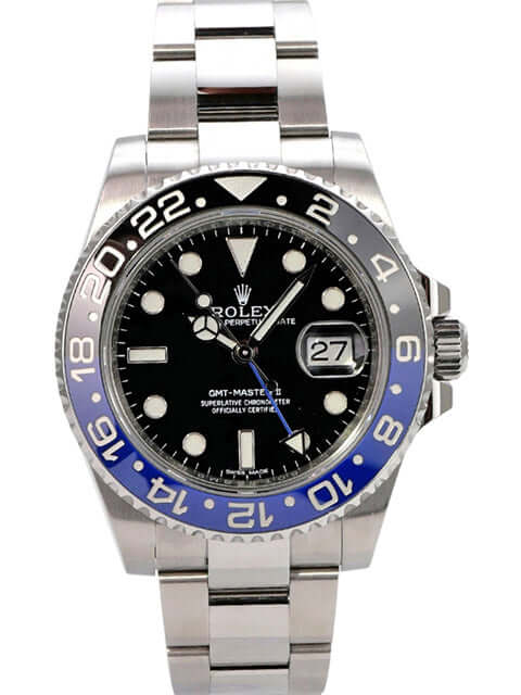 Rolex GMT Master II Edelstahl 116710BLNR, schwarze Zifferblattansicht mit blau-schwarzer Keramiklünette und Oysterband