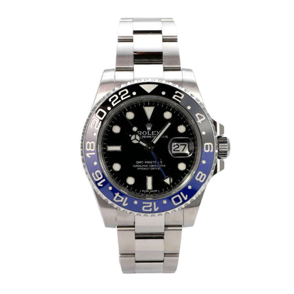 Rolex GMT Master II Edelstahl 116710BLNR, schwarzes Zifferblatt, blau-schwarze Keramiklünette, Oysterband