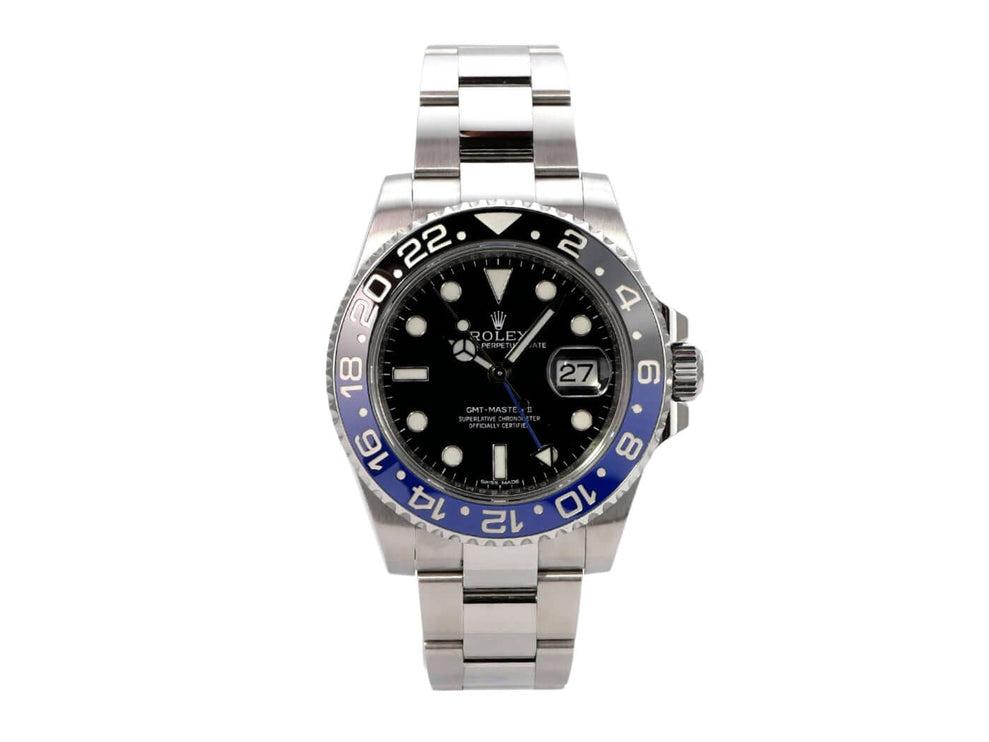 Rolex GMT Master II Edelstahl 116710BLNR, schwarzes Zifferblatt, blau-schwarze Keramiklünette, Oysterband