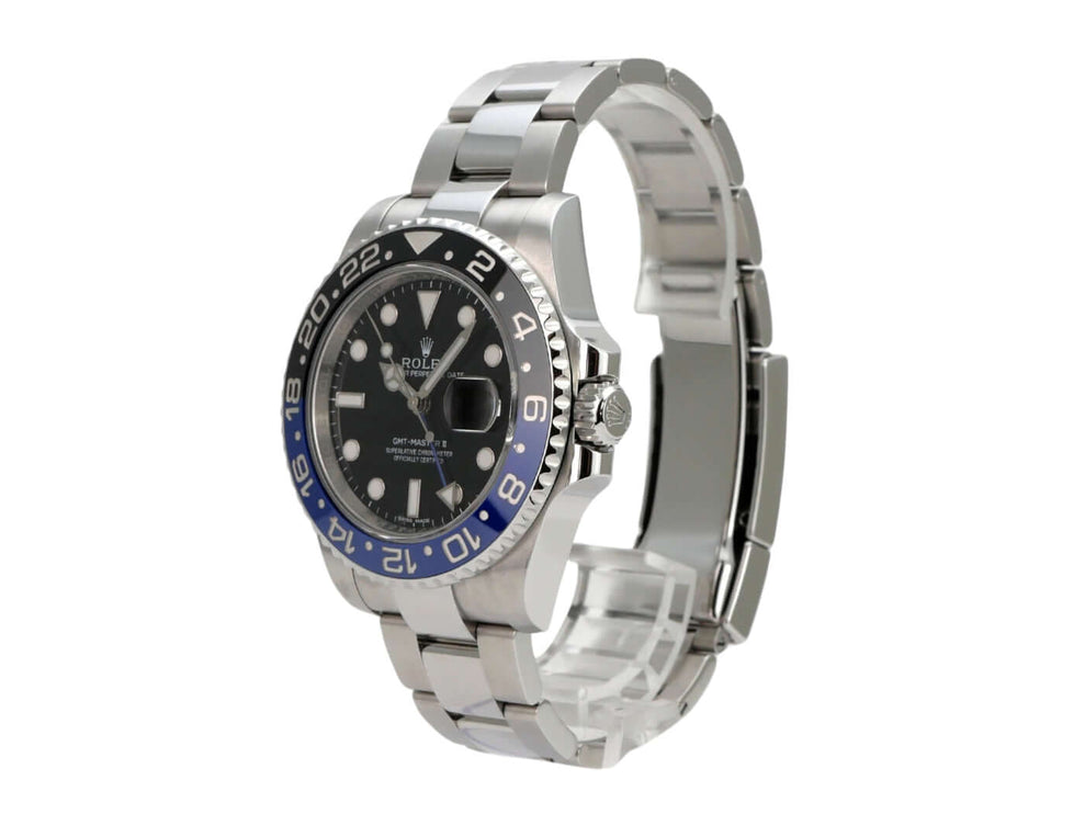 Rolex GMT Master II Edelstahl 116710BLNR mit blau-schwarzer Keramiklünette, schwarzem Zifferblatt und Oyster-Band