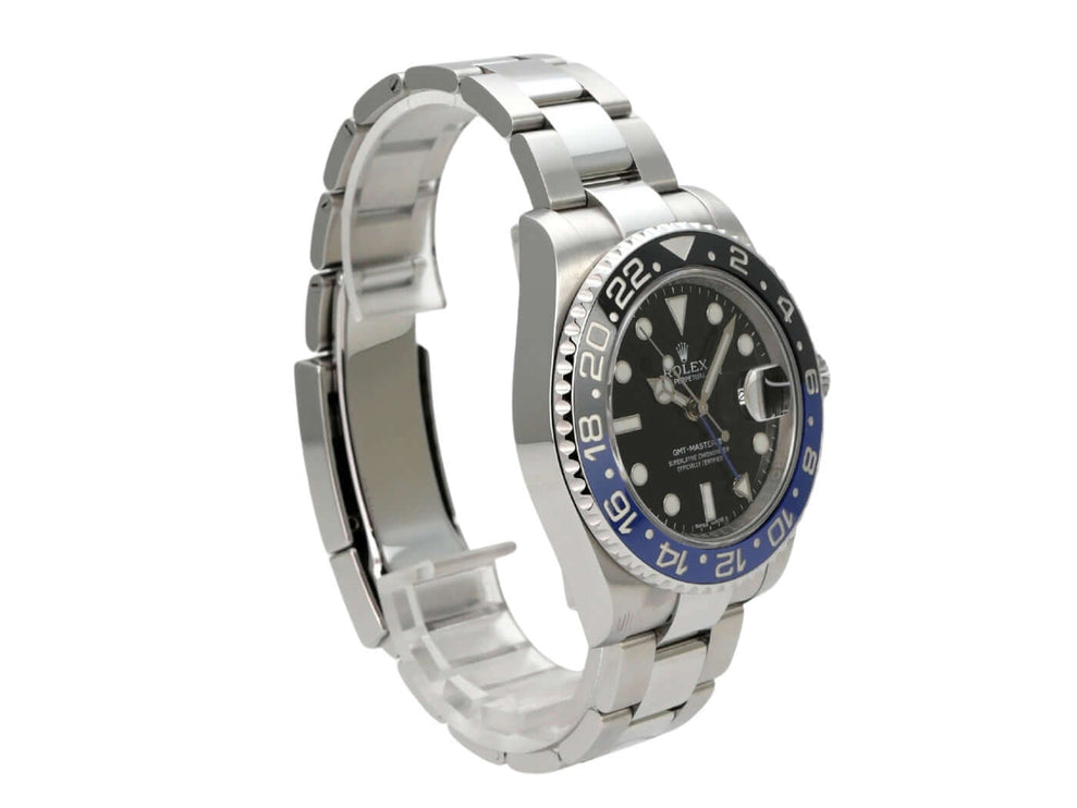Rolex GMT Master II Edelstahl 116710BLNR, schwarzes Zifferblatt, blau-schwarze Keramiklünette, Oysterband