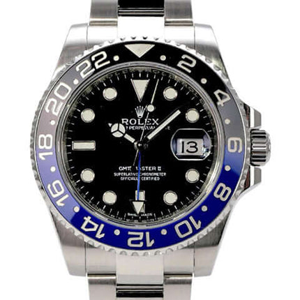 Rolex GMT-Master II Edelstahl 116710BLNR mit schwarzem Zifferblatt und blau/schwarzer Keramikeinlage.