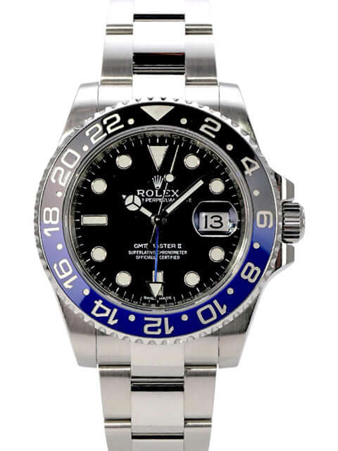 Rolex GMT-Master II Edelstahl 116710BLNR mit schwarzem Zifferblatt und blau/schwarzer Keramikeinlage.