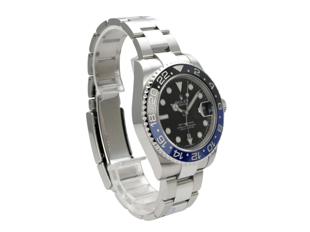 Rolex GMT-Master II Edelstahl 116710BLNR mit schwarzem Zifferblatt und blau/schwarzer Lünette.