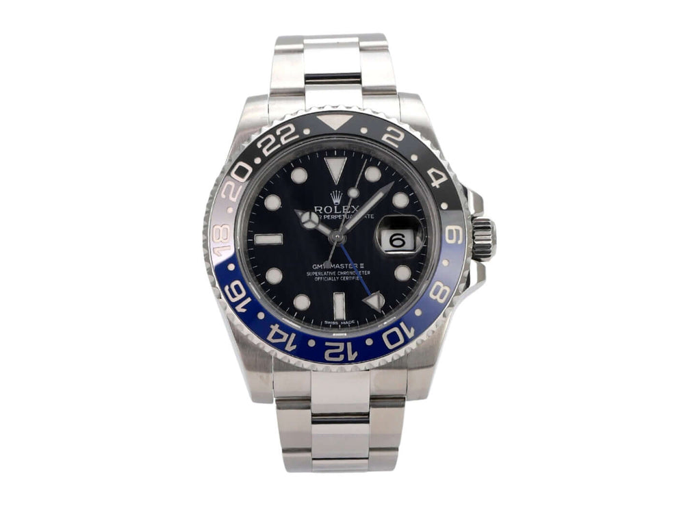 Rolex GMT-Master II Edelstahl 116710BLNR, schwarze Zifferblatt und blau-schwarze Keramiklünette, 40 mm
