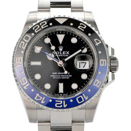 Rolex GMT-Master II Edelstahl 116710BLNR mit schwarzem Zifferblatt und blau/schwarzer Lünette, Edelstahlarmband.