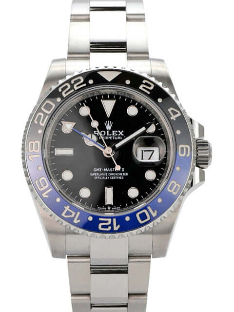 Rolex GMT-Master II Edelstahl 116710BLNR mit schwarzem Zifferblatt und blau/schwarzer Lünette, Edelstahlarmband.