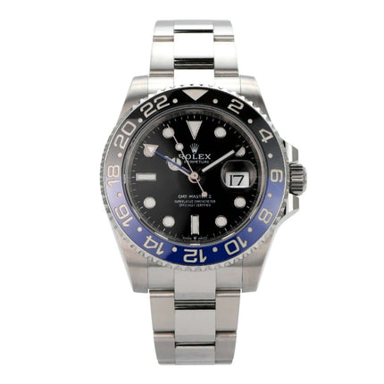 Rolex GMT-Master II Edelstahl 116710BLNR mit schwarzem Zifferblatt und blau/schwarzer Lünette.