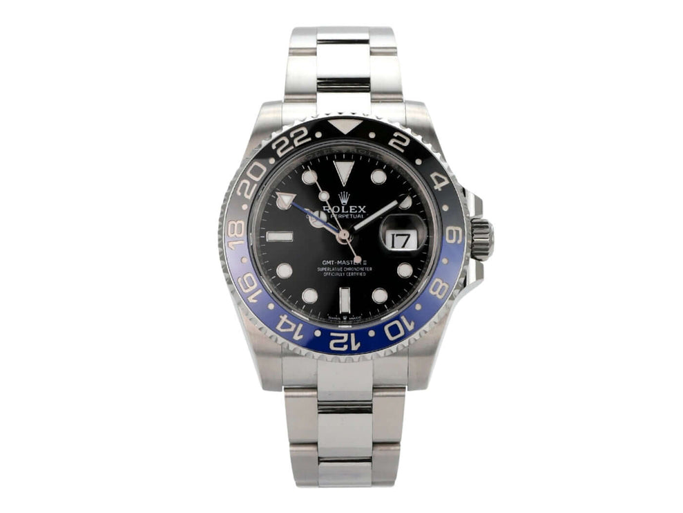 Rolex GMT-Master II Edelstahl 116710BLNR mit schwarzem Zifferblatt und blau/schwarzer Lünette.