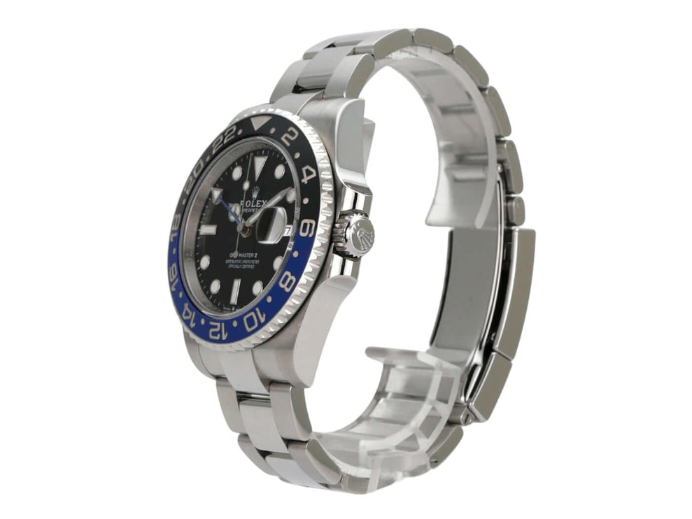Rolex GMT-Master II Edelstahl 116710BLNR seitliche Ansicht mit schwarzem Zifferblatt und blau/schwarzer Lünette