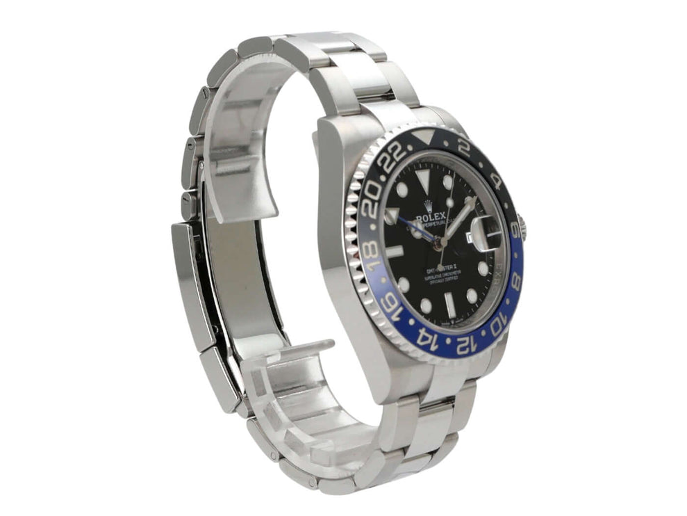 Rolex GMT-Master II Edelstahl 116710BLNR seitlich mit schwarzem Zifferblatt und blau/schwarzer Lünette