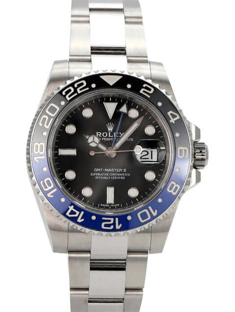 Rolex GMT-Master II Edelstahl 116710BLNR mit schwarzem Zifferblatt und blau/schwarzer Lünette aus Keramik.