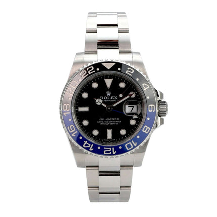 Rolex GMT-Master II Edelstahl 116710BLNR, schwarze Zifferblatt-Ansicht mit blau-schwarzer Lünette