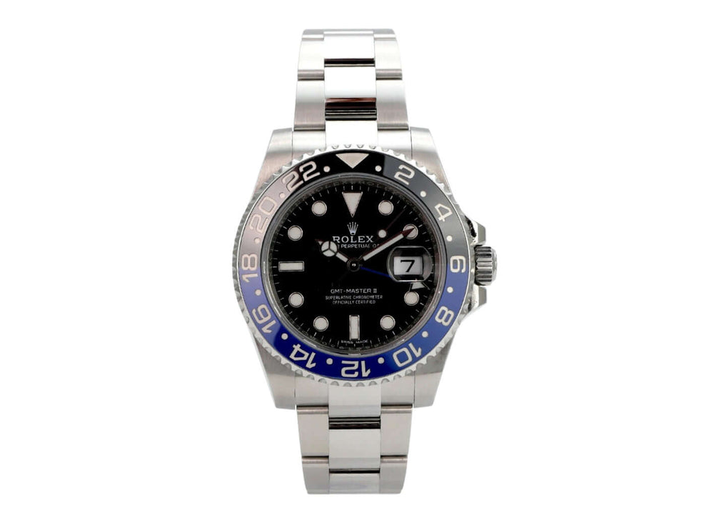 Rolex GMT-Master II Edelstahl 116710BLNR, schwarze Zifferblatt-Ansicht mit blau-schwarzer Lünette