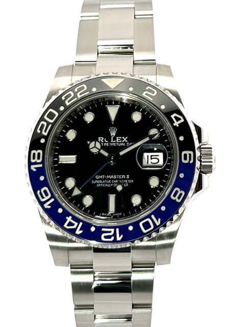 Rolex GMT-Master II Edelstahl 116710BLNR aus 2018 mit schwarz-blauer Keramiklünette und Oyster Edelstahlband, schwarzes Zifferblatt.