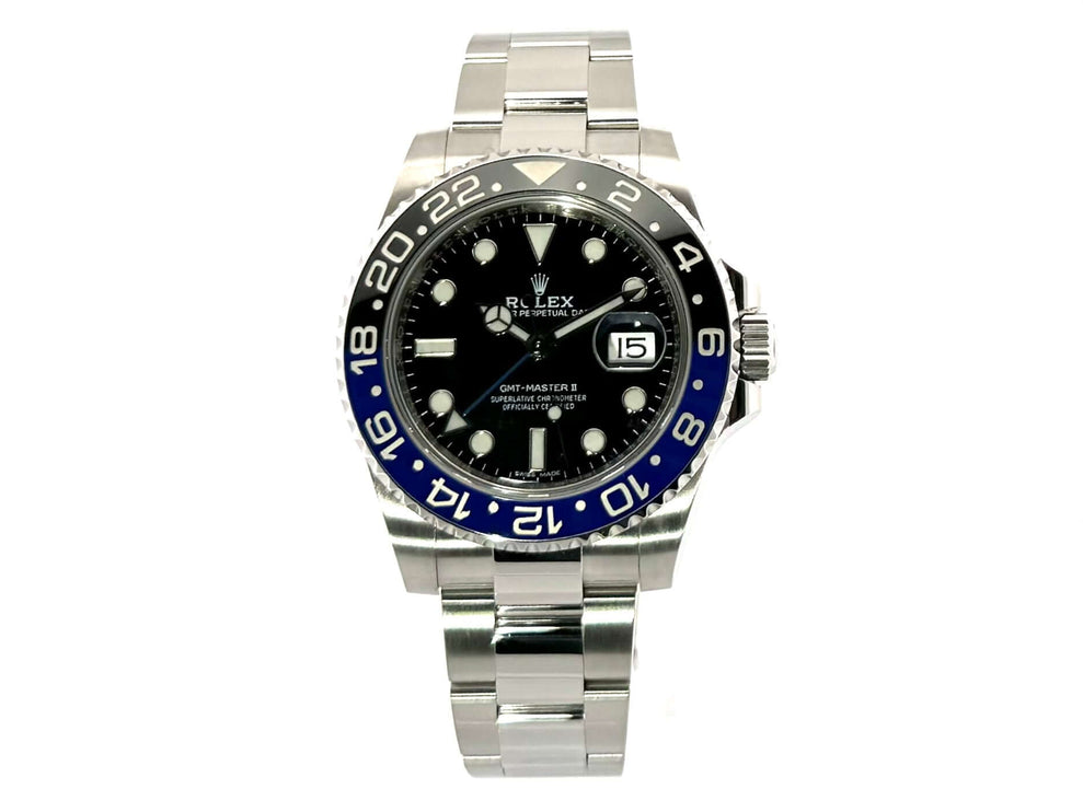 Rolex GMT-Master II Edelstahl Ref. 116710BLNR von 2018, blau/schwarze Keramik Lünette, Oyster Edelstahlband, 40 mm Gehäuse, schwarzes Zifferblatt